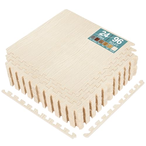 Sorbus Baldosas de madera de 96 pies cuadrados, alfombrilla de espuma EVA entrelazada, azulejos de 3/8 pulgadas de grosor, rompecabezas de madera con bordes, hogar, sala de juegos, sótano,