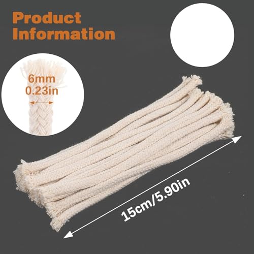Mèches rondes en coton tressé pour lampe à huile 6,4 mm | Lot de 100