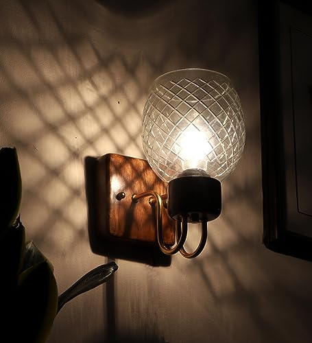 Green House Handmade Sheesham Wood Wall Light/Lamp with White Diamond Cut Glass, E27 Bulb Holder(Bulb not Included), Gold Plated Metal Bands and Brass Rivets for Bedroom/Living Room/Hallway