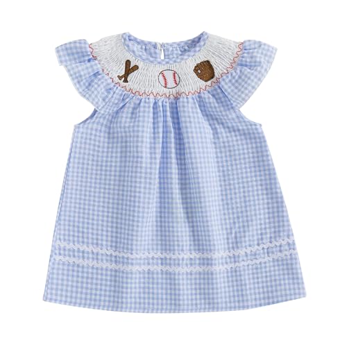 Toddler Baby Girl Baseball Dress Embroidery Plaid Ruffle Sleeveless Smocked Dresses Summer Casual Sundress Outfit (Blue, 12-18 Months)