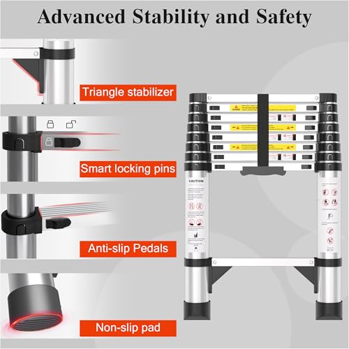 Image of Telescoping Ladder, 8.5 FT Aluminum Extension Ladder, 330 Lbs, Silver | Telescopic & Retractable, Collapsible Extendable Ladder for House, Roof, RV & Travel Trailer