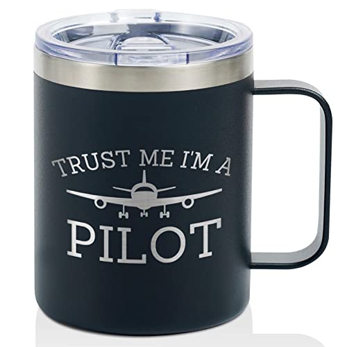 Onebttl Pilot Gifts For Men, Male, Him -Trust Me I Am A Pilot Tumbler - 12 Oz /350 Ml Insulated Mugs With Lid - Aviation, Airplane Gifts For Aviator - (Black) #TOP5