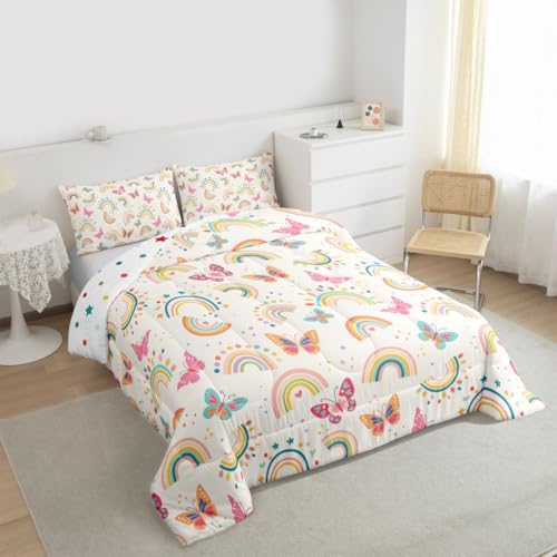Image of Erosebridal Cartoon Butterflies Queen Comforter Set for Kids Teens Adults,Kids Cute Rainbow Bedding Set,Kawaii Wildlife Duvet Insert,Flying Butterfly Bed Set for All Season