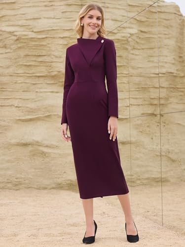 Women's Elegant Pencil Dress Lapel V Neck Long Sleeve 2025 Trendy Work Knee Length Dresses2