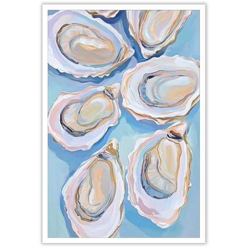 Image of Pastel Blue Oyster Shell Poster Abstract Coastal Shell Canvas Wall Art Funky Colorful Summer Beachy Picture Prints Painting For Home Living Room Kitchen Restaurant Wall Decor 12x16in Unframed