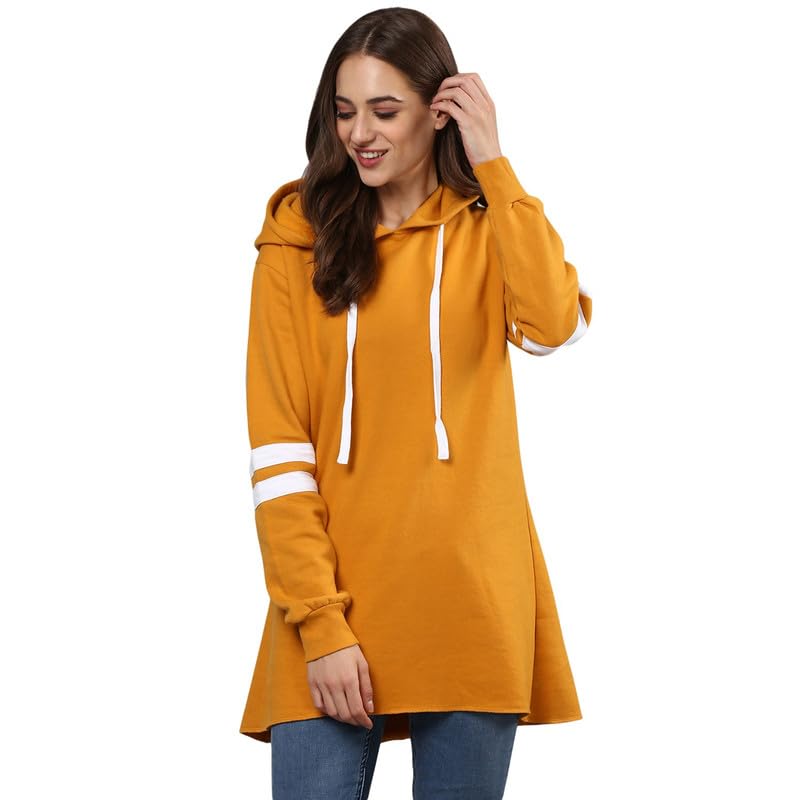 Women's Stripe Sleeves for Casual Wear | Hood Neck | Long Sleeve | Drawstring Closure | Cotton Sweatshirt Crafted with Comfort Fit for Everyday Wear | Yellow-image-30