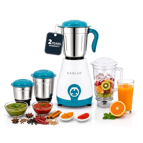 Image of Cadlec BlendCraft 4 Jar 750 Watt Mixer Grinder | High-Power Juicer, Blender & Mixer | Durable ABS Body | Multi-Function for Juicing & Blending | 2-Year Warranty, Blue & White
