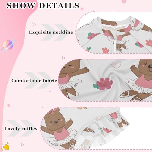 Little Bear Ballet Pattern Girls Long Sleeve Swimsuit Rash Guard One Piece Bathing Suits Zipper 3-12T4