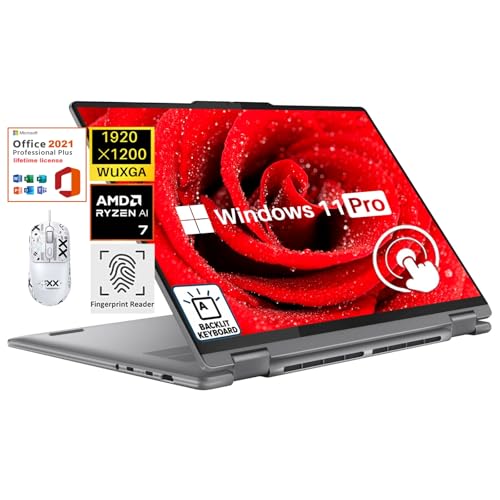 Image of Lenovo Yoga 7 2-in-1 16 inch 2K Touchscreen Laptop, Office Pro Lifetime License, AMD Ryzen 7 8840HS, 16 GB LPDDR5X RAM, 1 TB SSD, Long Battery Life, FHD Webcam, Backlit KB, Window 11 Pro, Design Mouse