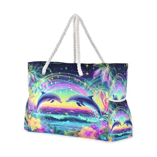 Large Beach Bags Totes Canvas Tote Shoulder Bag Glowing Neon Dolphin Water Resistant Bags for Gym Travel Daily