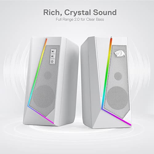 Redragon GS520 RGB Desktop Speakers, 2.0 Channel PC Computer Stereo Speaker with 6 Colorful LED Modes, Enhanced Sound and Easy-Access Volume Control, USB Powered w/ 3.5mm Cable, White - Image 4