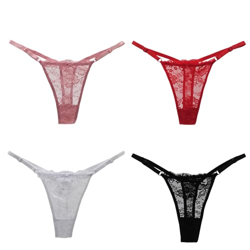 GWAWG 4Stück Spitze Sexy Höschen EIS Seide Niedrige Taille G-String Tanga Bequem Einstellbare Spitze Unsichtbare Unterwäsche für Frauen