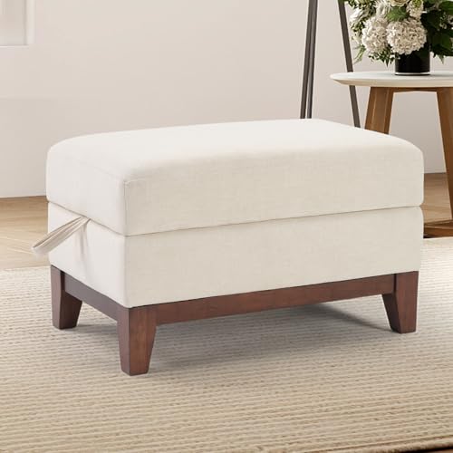 Image of Multifunctional Storage Ottoman with Flip-Top Table, Upholstered Footrest with Storage Space, Stylish Coffee Table with Solid Wood Legs for Living Room, Beige