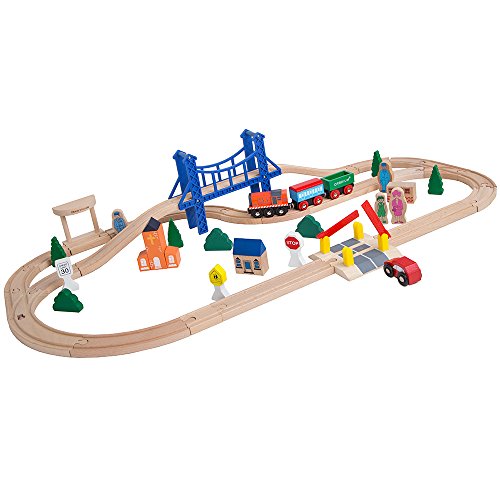 image for ORBRIUM 52 Pcs Deluxe Wooden Train Set with Wooden Storage Box Tunnel 