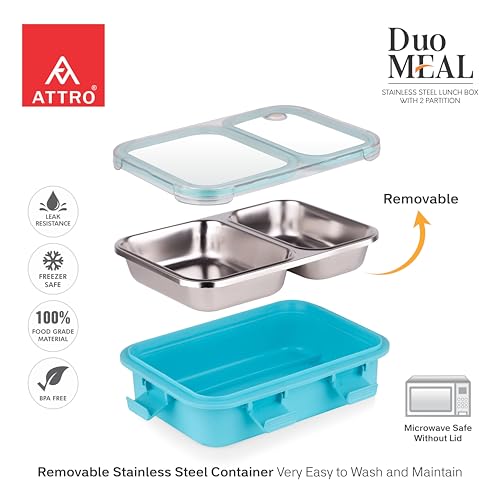 Image of ATTRO Duo Meal Stainless Steel Lunch Box with 2 Partition, Microwave Safe, Airtight Leakproof Silicone Seal Lid, BPA-Free Food Grade Tiffin Box for Office School Kids - 650ml - Blue