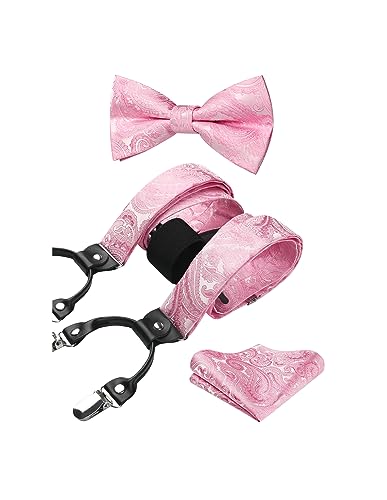 Image of HISDERN Suspenders for Men Paisley Floral Bow tie Suspender Pocket Square Sets Adjustable Y Shape 6 Clips Wedding Braces