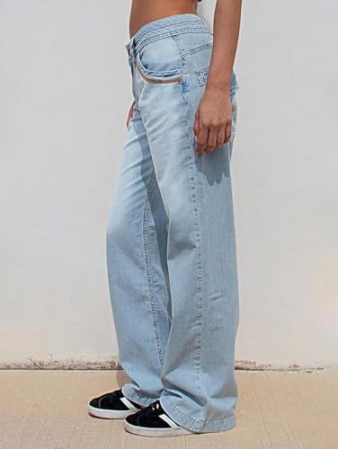 Flamingals Low Waisted Straight Leg Cargo Jeans for Women Stretch Casual Stitch Detail Denim Jeans3