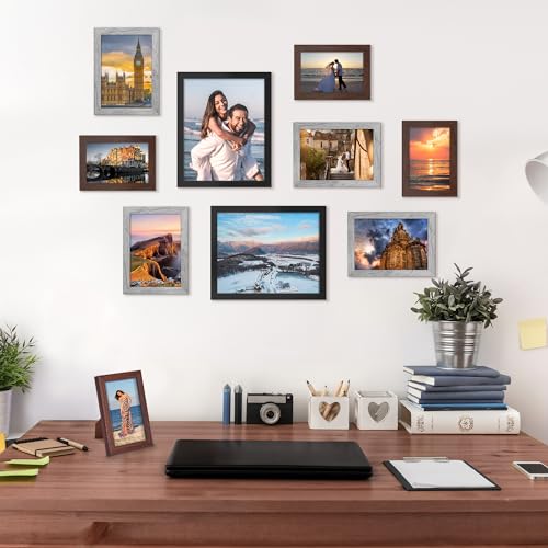 upsimples 10 Pack Picture Frames Collage Wall Decor for Mounting or Tabletop Display, Photo Gallery Frame Set for Family, Multi Sizes Including 8x10, 5x7, 4x6, Black Gray Brown