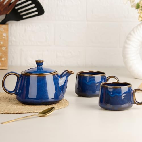 Image of The Earth Store Premium Navy Blue Glaze Ceramic Morning Tea Set - 2 Tea Cups & 1 Kettle Microwave and Dishwasher Safe | Tea Cup with Kettle | Small Morning Set | Ideal for Gifting and Daily Use