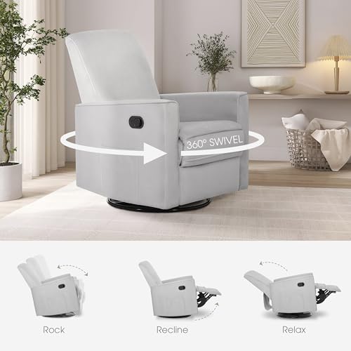 Image of Evolur Raleigh Upholstered Manual Glider Recliner- Rocking & 360 Swivel with Smooth Glide - Greenguard Gold & FSC Certified - Modern Nursery and Living Room Chair in Grey
