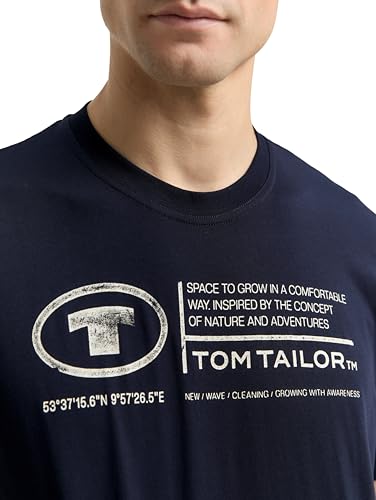 TOM TAILOR Herren Basic T-Shirt mit Print aus Baumwolle, sky captain blue, XL – Ansicht 6