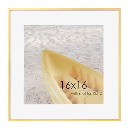 FLYJOE 16x16 Metal Square Picture Frame For Wall With Mat For 12x12, 16''x16'' Aluminum Photo Frames With Tempered Glass For Home Decor, Minimalist Modern Poster Frame Horizontally Vertically, Gold