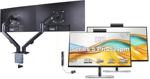 Image of HP Series 5 Pro 524pm 24 inch FHD IPS Monitor with 5ms Response Time, Anti-Glare, Flicker Free, VESA Mount (100mm), Displayport, HDMI, Black /Silver (9E0G9UT#ABA) 2Pack w /DKZ Hub & ErgoFlexy Dual Mount Arm