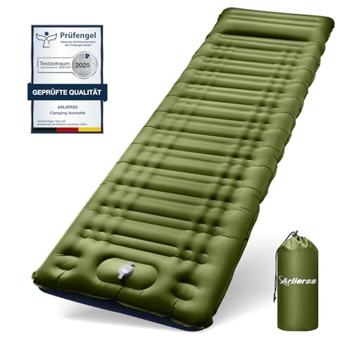 Arlierss Isomatte,12cm Höhe Luftmatratze Camping mit Fußpresse Pumpe, Kompakte und Leichte Schlafmatte mit Kissen für Outdoor, Wandern, Reise, Strand-Armeegelb