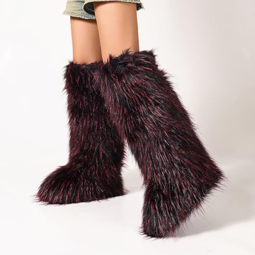 Women Furry Faux Fur Snow Boots Fluffy Fuzzy Comfy Knee High Boot Colorful Round Toe Flat Shoes Rubber Sole Outdoor Indoor Fashion Party2