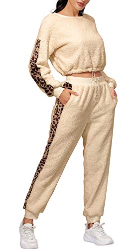 Women 2 Piece Velvet Outfits Jogger Sets Long Sleeve Top+ Long Sweatpant Casual Active Sport Tracksuit Set (Beige, M)