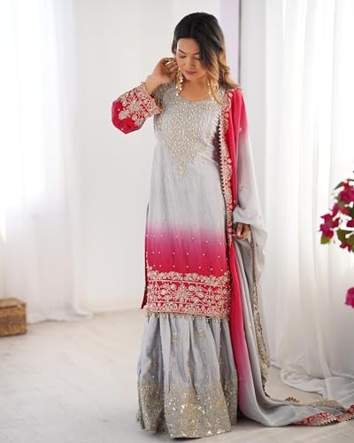 Image of Pandadi Saree Women's Chinon Silk Embroidery Kurta Sharara Set With Dupatta.