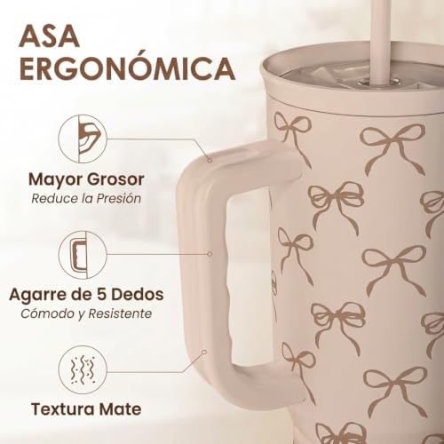 Image of SANDJEST Bow Tumbler with Handle and Straw 40oz - Stainless Sleel Slider Tumbler Travel Coffee Mug for Women - Gift Idea for Birthday Christmas