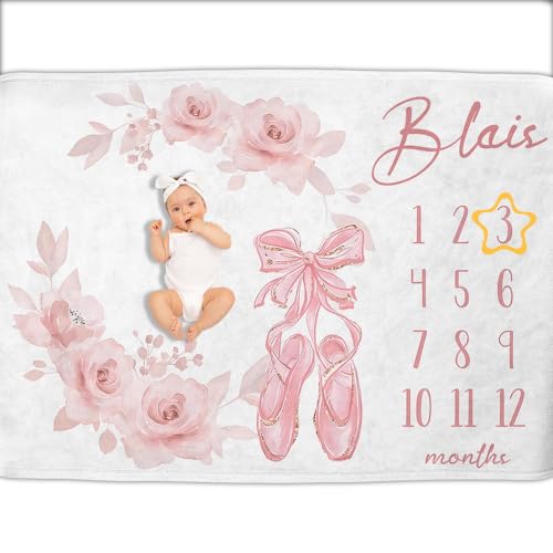 Image of OLIVE OLIVIA Personalized Baby Milestone Blanket, Custom Name, 60 inchx80 inch, Pink, Floral, Soft Flannel Fleece, Unisex, Winter, Modern, 1 Count