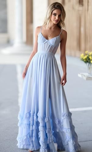 Ruffle Bridesmaid Dresses for Women Long Chiffon Formal Dress with Slit V-Neck Formal Evening Dress3