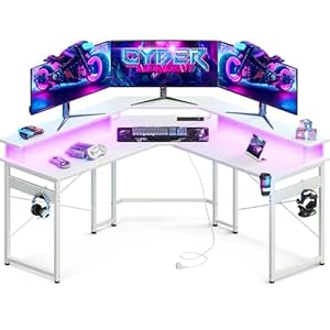 ODK L Shaped Gaming Desk, Computer Desk with LED Lights, Corner Desk with 2 Sockets and 2 USB Charging Ports, Full Monitor Stand Gaming table for Home Office (White carbon fiber, 129 x 129 cm)
