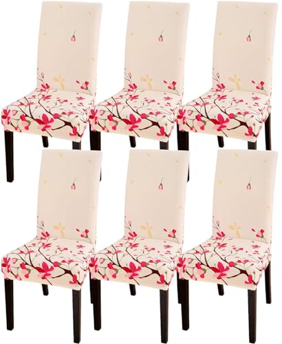 Image of Styleys Chair Covers for Dining Room, Stretch Dining Chair Cover, Washable Spandex Kitchen Chair Slipcovers (Set of 6, Pink Flowers, SD3217)
