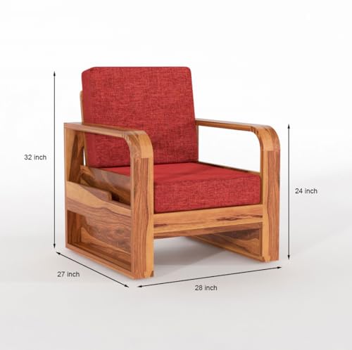 Image of Solid Sheesham Wooden 1 Seater Sofa for Living Room | Sofa with Side Pocket Storage & Cushion | Rosewood Sofa Set for Home (Honey with Red Cushion, 1 Seater)