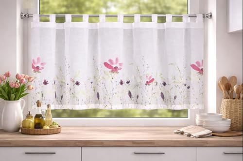 KAMACA Bistrogardine Schlaufenpanneau mit Blumen-Motiv Weiße...