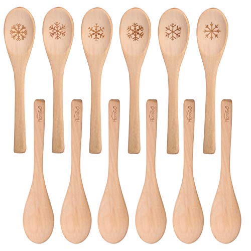 HANSGO Small Wooden Spoons, 6PCS Christmas Small Soup Spoons with Snowflake Pattern for Eating with Coffee Tea Jam Honey Spices and Restaurant Decoration