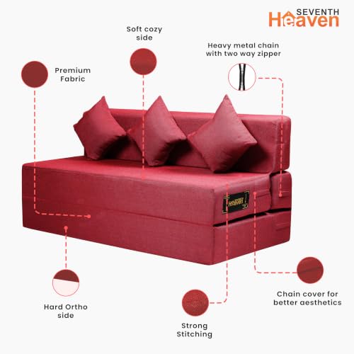 Image of Seventh Heaven 4 Seater 6 * 6 Jute Fabric Washable Cover Sofa Cum Bed 4 Seater Double Foam Fold Out Sofa Cum Bed (Finish Color - Maroon Delivery Condition - Pre-Assembled)