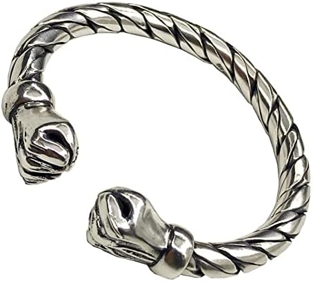 Serired S990 Sterling Silver Double Fist Collision Open Bangle for Men, Vintage Adjustable Boxing Twist Punk Bracelet, Handmade Hip Hop Power Cuff Jewelry