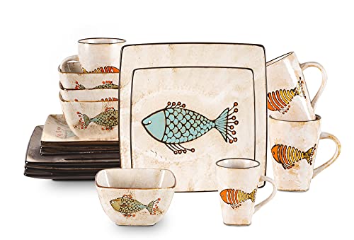 HomeVss, Stoneware Artisan Hand Painted Fish, 16pc Reactive Glaze Dinnerware Set