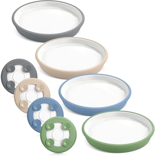 Image of Domensi 4 Sets Kids Porcelain Plates with Silicone Suction Sleeve Toddler Suction Plates Baby Porcelain Snack Dishes for Kid Toddler Baby Self Feeding Microwave Dishwasher Safe (Classic Color)