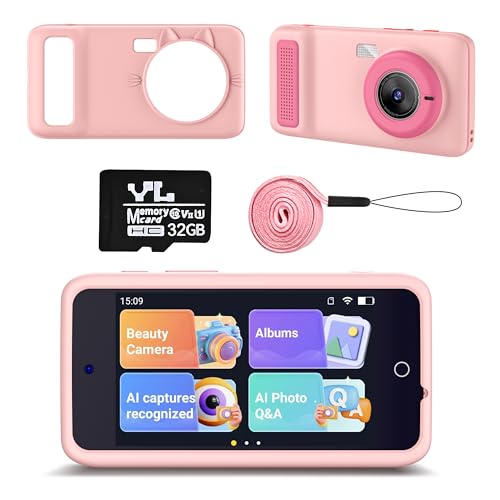 AI Digital Camera for Kids with WiFi for Christmas Birthday Gift for Girls Boys，Touch Screen HD Camera for Home Travel Garden,Kids Toys for 4 5 6 7 8 9 10 11 12 with 32GB SD Card Pink