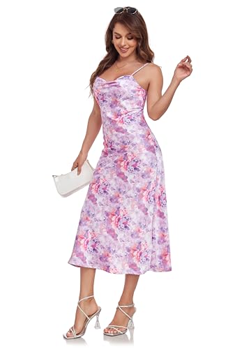 Image of Women's Spaghetti Strap Midi Satin Silk Dresses Slip Cowl Neck Party Cocktail Evening Sexy Dress