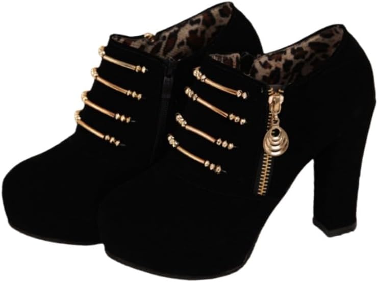 Women's fashionable round-toed high-heeled short boots - for dates, shopping, with thick soles and zipper design.