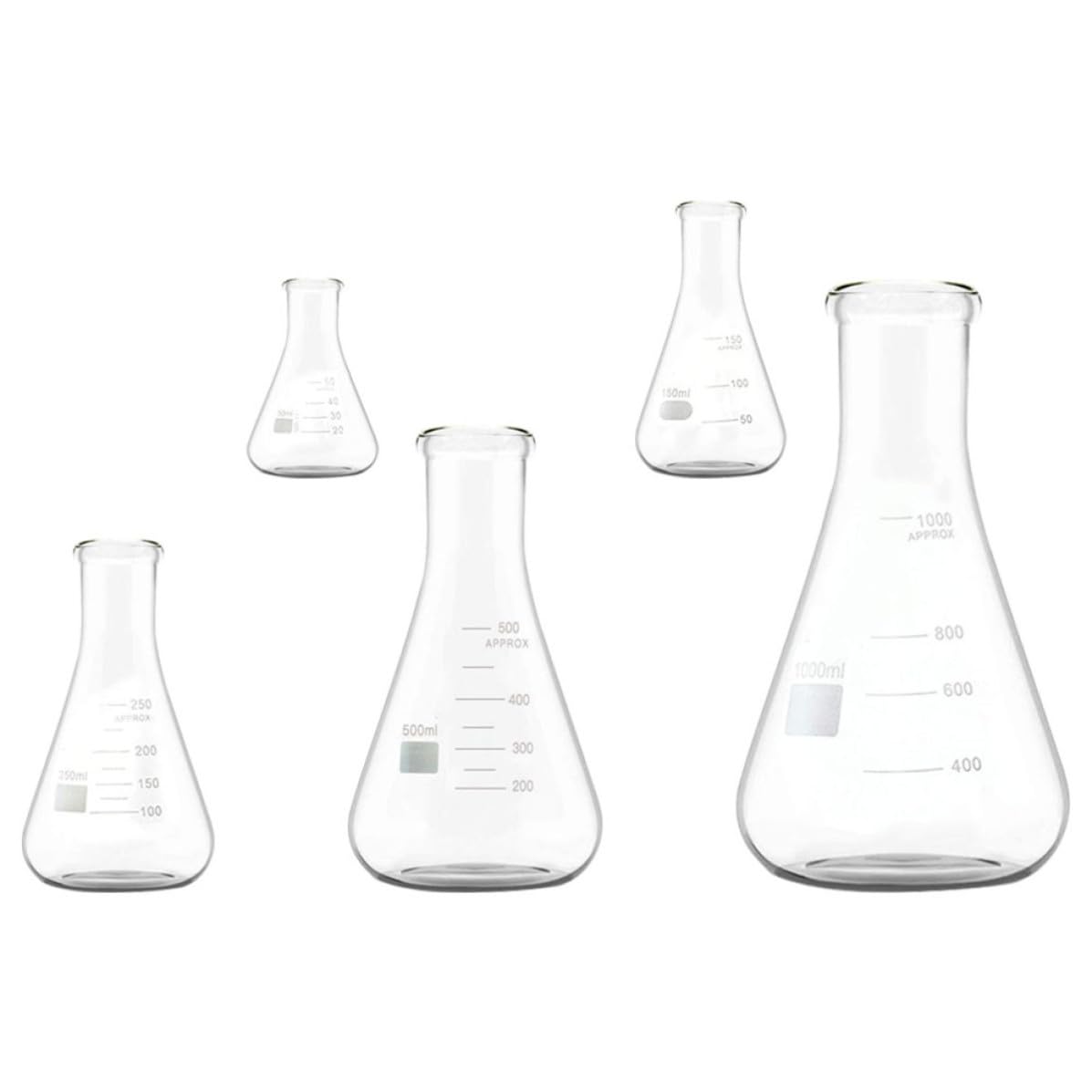 ULTECHNOVO Set da 5 Pezzi di Beute Coniche in Vetro Borosilicato Collo Stretto, Fondo Piatto, Capacità da 50ml a 1000ml, Resistenti di Temperatura per Uso Educativo Ricerca