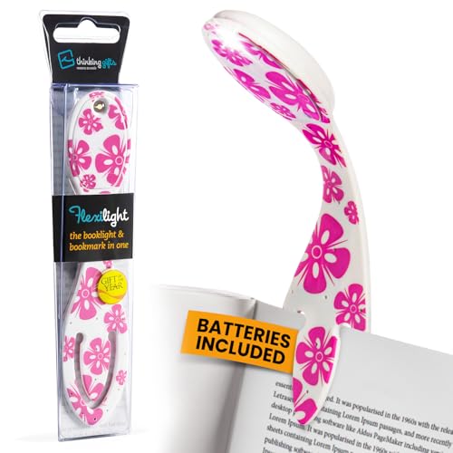 Image of Gifts for Readers & Writers Book Light, Clip On Reading Light for Bed, 2in1 Flexilight & Bookmark, Small & Lightweight with a Soft Glow, 2 Batteries Included, Pink Flowers