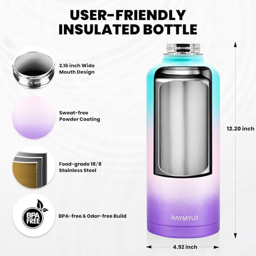 Image of RAYMYLO Insulated Water Bottle 87 oz, Triple Wall Vacuum Stainless Steel (Cold for 48 Hrs), Leak Proof & Non-BPA, Modern Water Flask Jug with Paracord Handle & Straw Spout Lids, Hydrangea