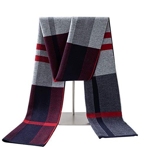 Lallier Bufanda de lana merina para hombre, corbata larga de invierno con caja de regalo, Tela Escocesa Gris Rojo